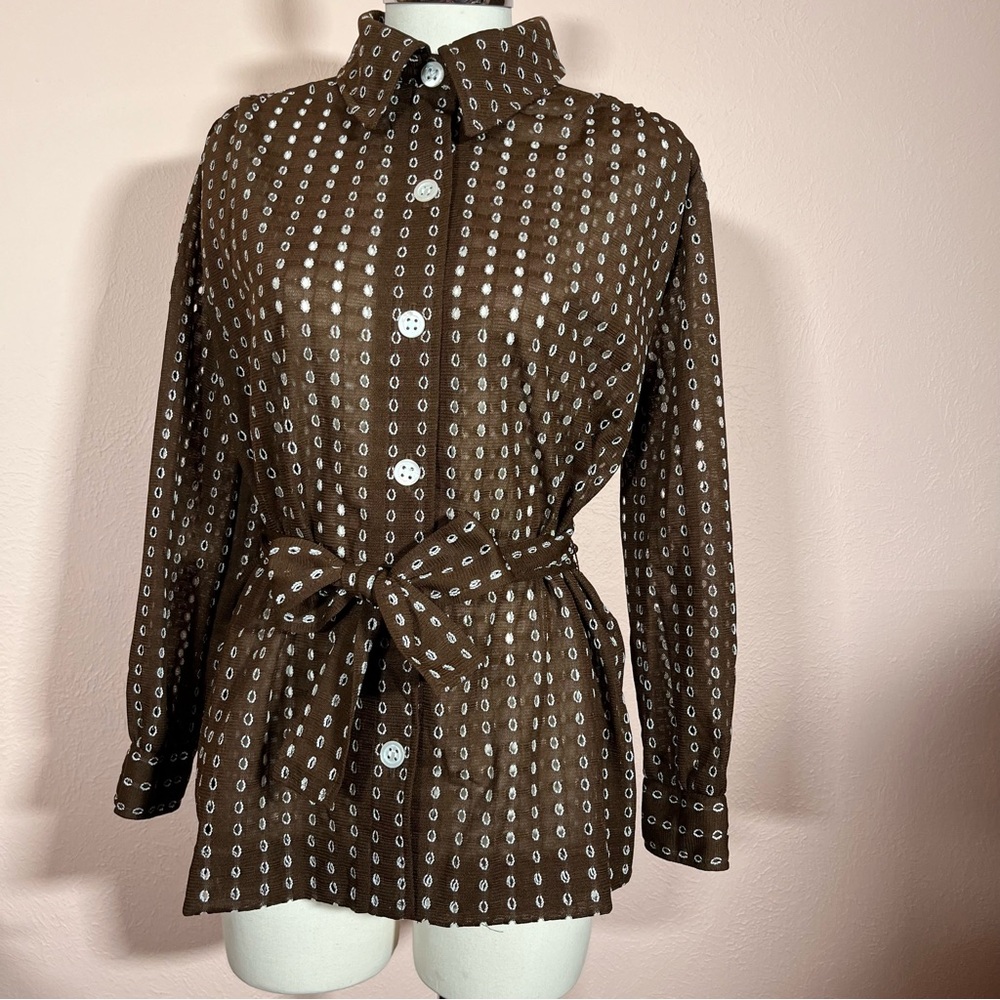 Vintage 1960 70 Dalton MCM Brown lace Tie Waist Belted Button Down shirt Jacket - Picture 17 of 17